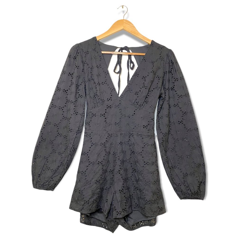 Sage Black Eyelet Long-Sleeve Romper